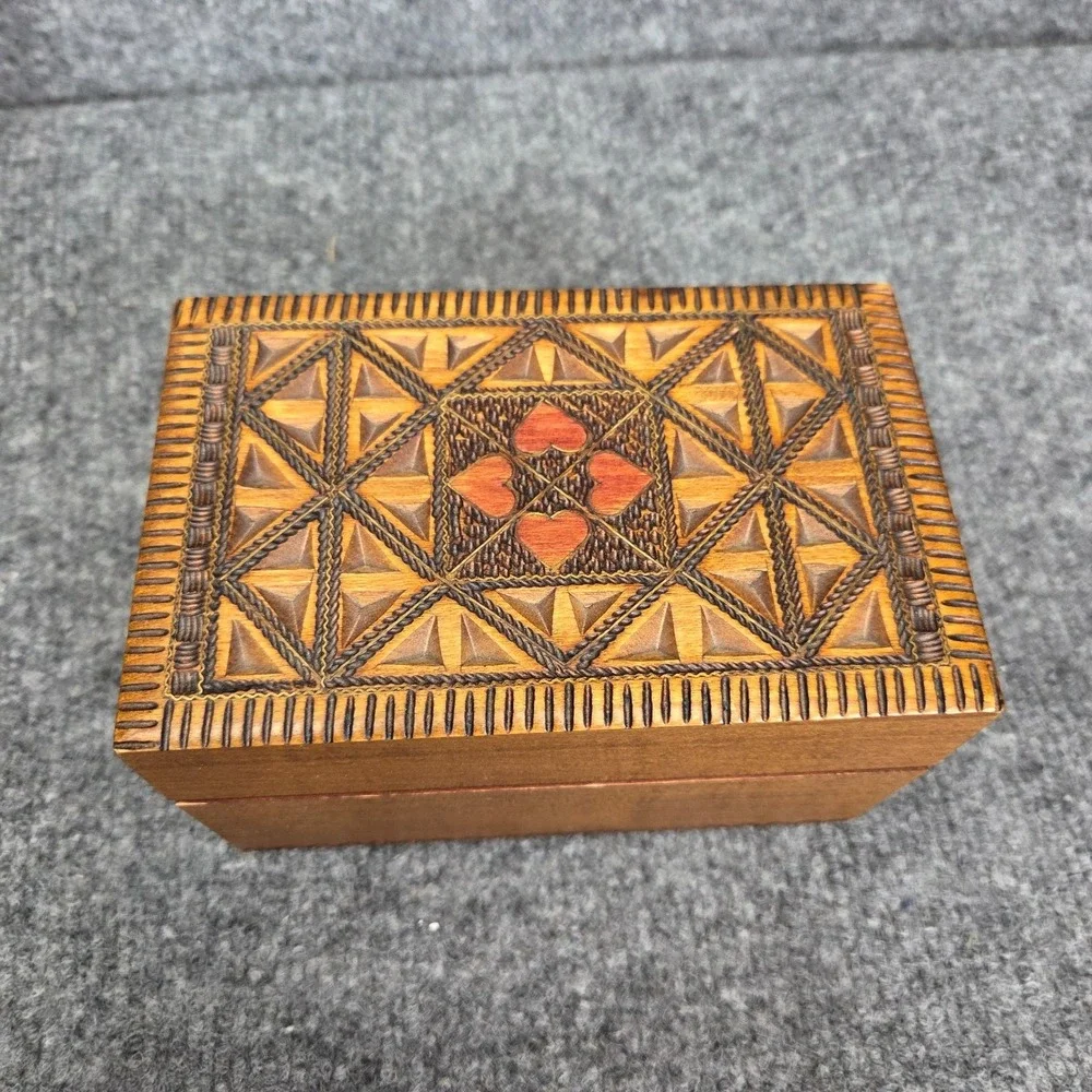Vintage Wooden Hand Carved Polish Trinket Jewelry Storage Box Made In Poland